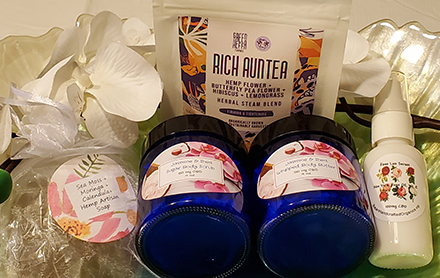 Gift box with Jasmine & Shea Body Butter, and body scrubs sold by Bajan Handcrafted Organics.